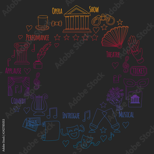 Vector set with theatre icons. Entertainment, show, musical perfomance
