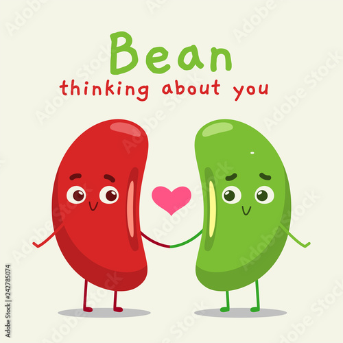 a red and green bean with text "bean thinking about you"