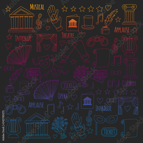 Vector set with theatre icons. Entertainment, show, musical perfomance