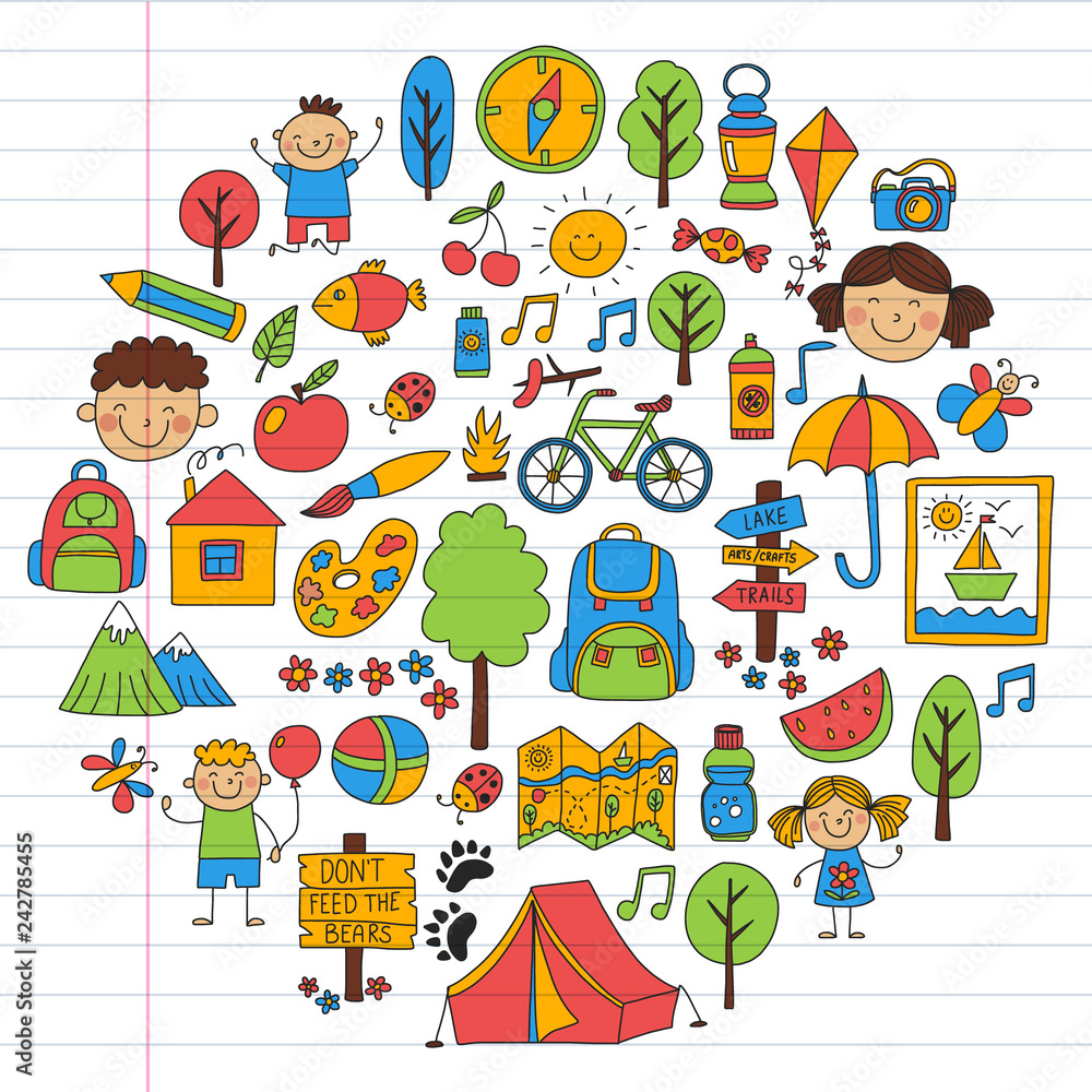 Vector set of camping, hiking icons for little children. School and kindergarten kids vacation. Vector set of camping, hiking icons for little children. School and kindergarten kids vacation.