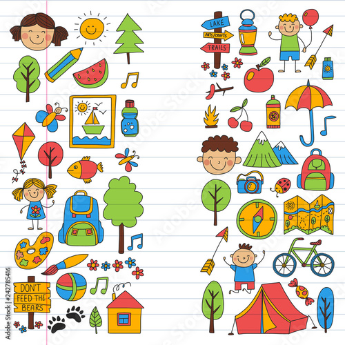 Vector set of camping, hiking icons for little children. School and kindergarten kids vacation.