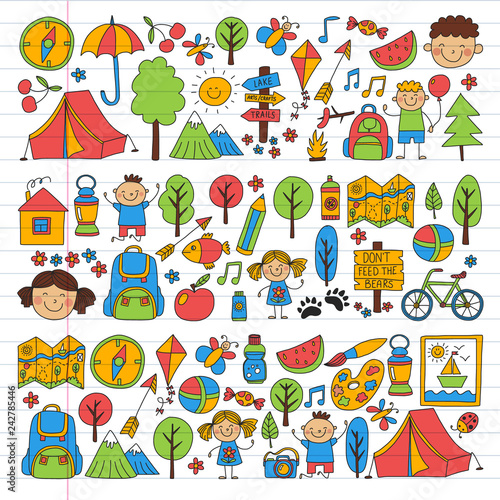 Vector set of camping  hiking icons for little children. School and kindergarten kids vacation.