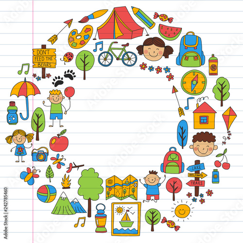 Vector set of camping  hiking icons for little children. School and kindergarten kids vacation.