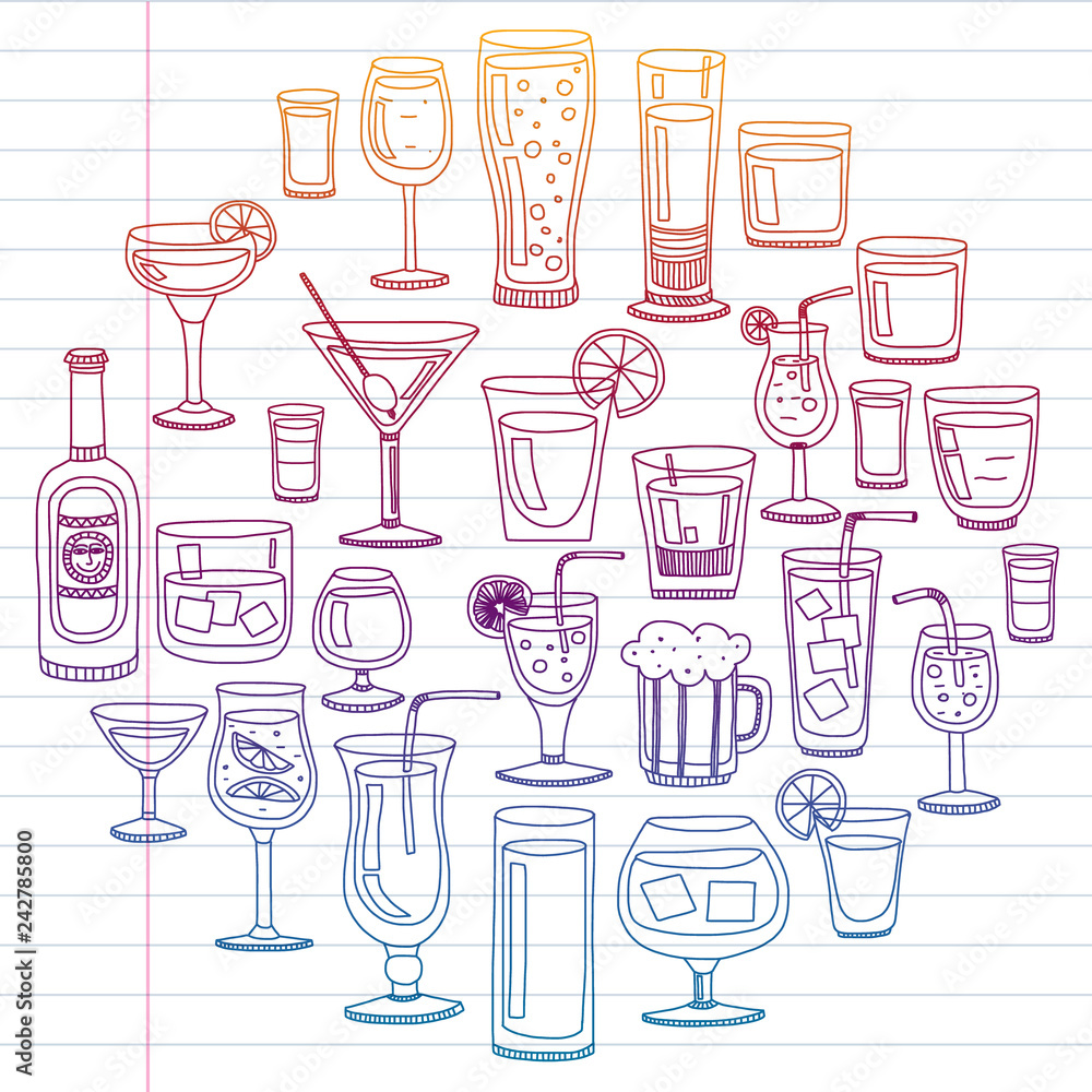 Vector set of popular cocktails for the menu. Doodle style icons. Vector set of popular cocktails for the menu. Doodle style icons.