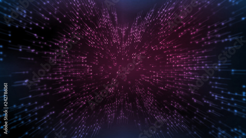 Abstract technology background. Glowing particle dots moving to center of screen with dark purple gradient shading color. For technical product, Artificial intelligence, Deep machine learning concept