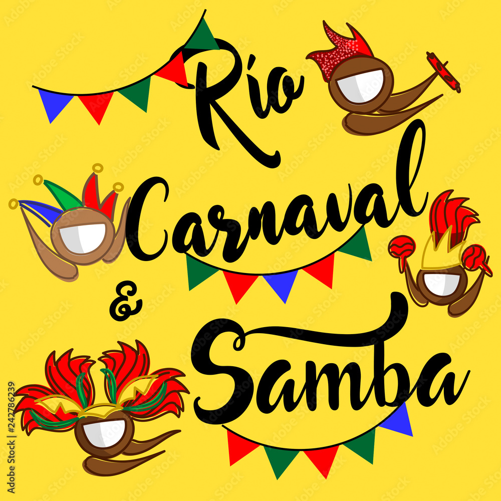 Rio, Carnaval y Samba en color negro sobre fondo amarillo Stock Vector |  Adobe Stock