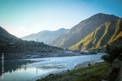 Sunrise in Besham with a view of mountains and Indus river. Khyber-Pakhtunkhwa. Pakistan.