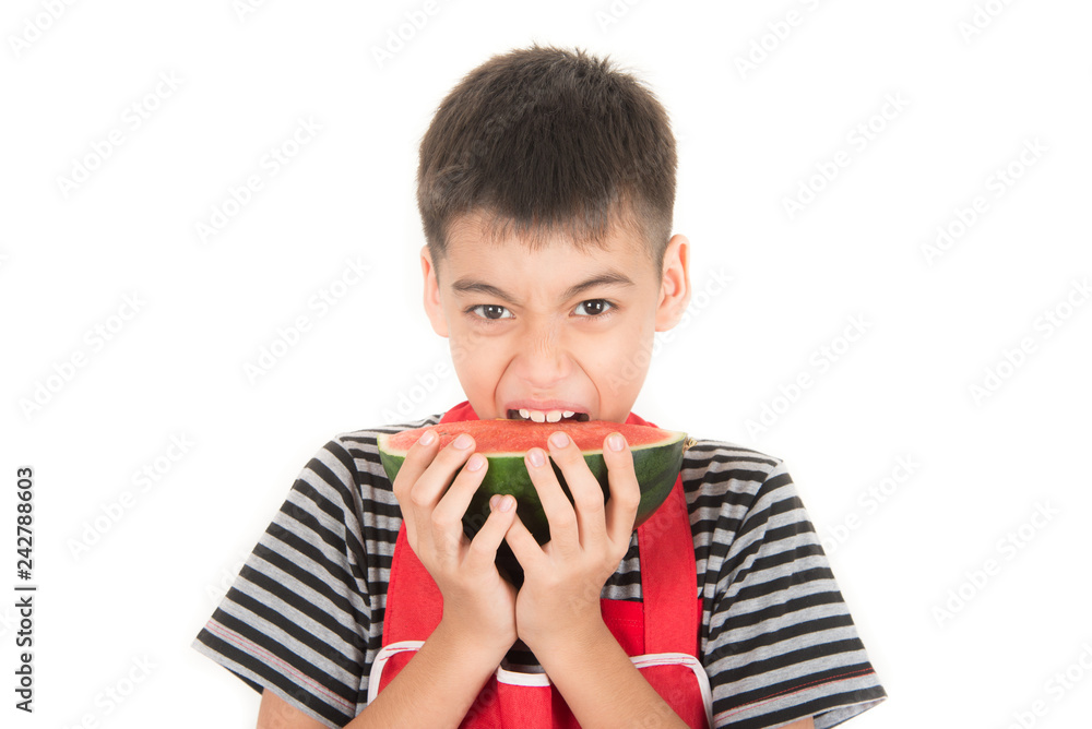 Little boys eat watermelon on white Little boys eat watermelon on white