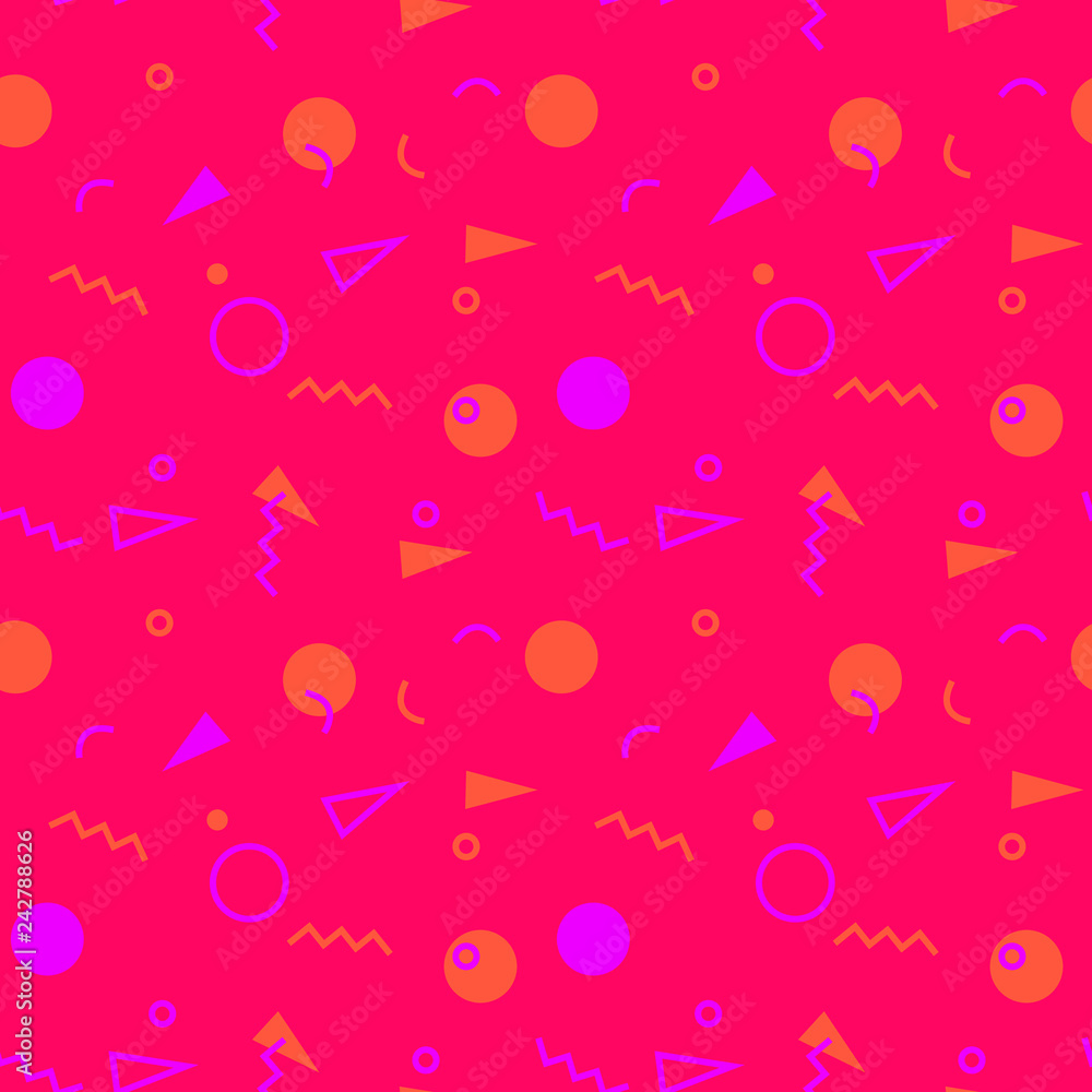 Seamless pattern with 80s memphis geometics style and vibrant psychedelic colors