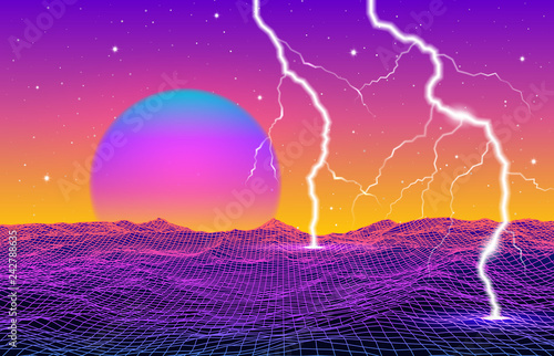Retro 80s styled futuristic landscape with neon sun or moon and lightning in digital space with shiny grid
