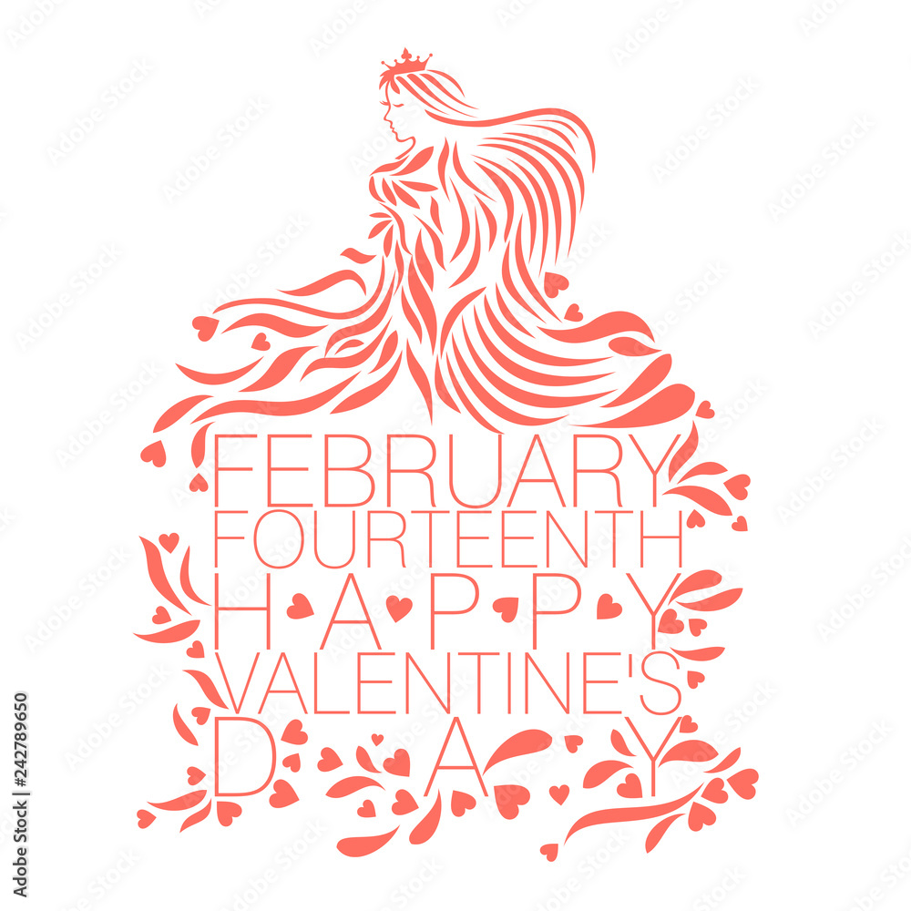 Abstract vector design of Love goddess in living coral color with the text February Fourteenth Happy Valentine's Day on a white background color
 