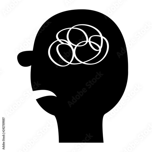 Human face icon. Black silhouette. Scribble ravel line in the head inside brain. Mental health concept. Psychotherapy. Thinking process. Flat design. White background. Isolated.
