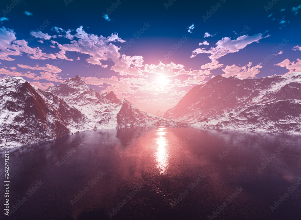 Dramatic winter sunset mountains peaks with ocean reflections 3d rendering background