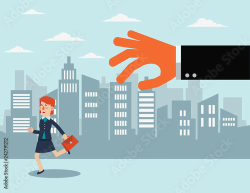 Big hand catching business woman in the city street. Professional relations