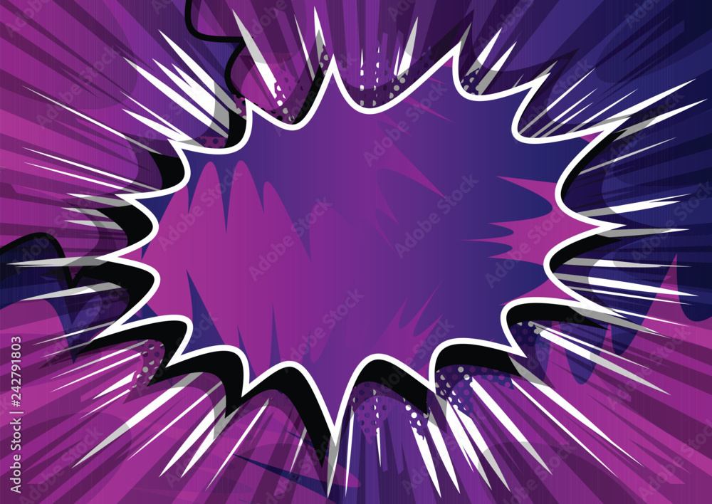 Naklejka premium Vector illustrated retro comic book background with big purple explosion bubble, pop art vintage style backdrop.
