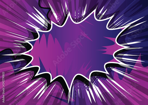 Vector illustrated retro comic book background with big purple explosion bubble, pop art vintage style backdrop.