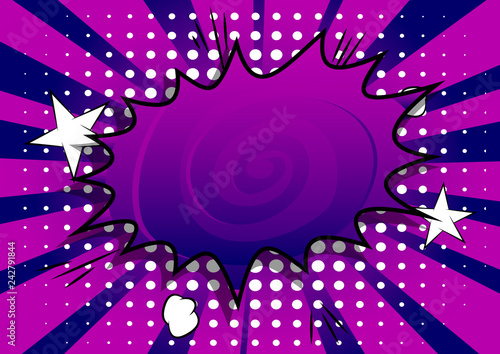 Vector illustrated retro comic book background with big purple explosion bubble, pop art vintage style backdrop.