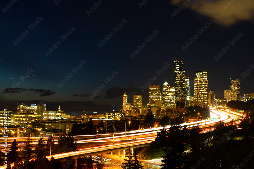Downtown Seattle freeway light trail during blue hour