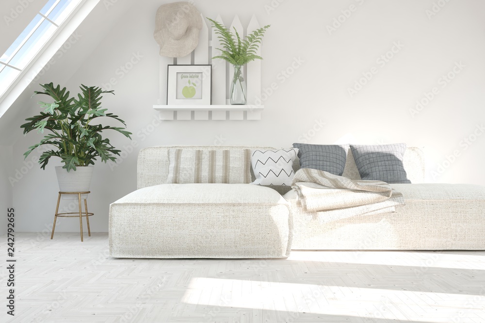 Fototapeta premium Idea of white minimalist room with sofa. Scandinavian interior design. 3D illustration