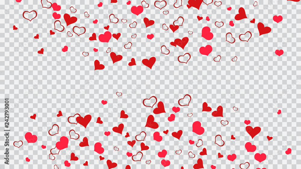 Red on Transparent fond Vector. Romantic background. Design element for wallpaper, textiles, packaging, printing, holiday invitation for Valentine's Day. Red hearts of confetti are falling.