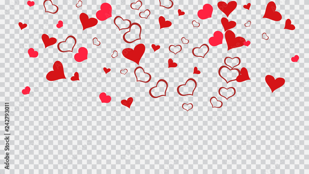 Part of the design of wallpaper, textiles, packaging, printing, holiday invitation for Valentine's Day. Stylish background. Red on Transparent background Vector. Red hearts of confetti are flying.