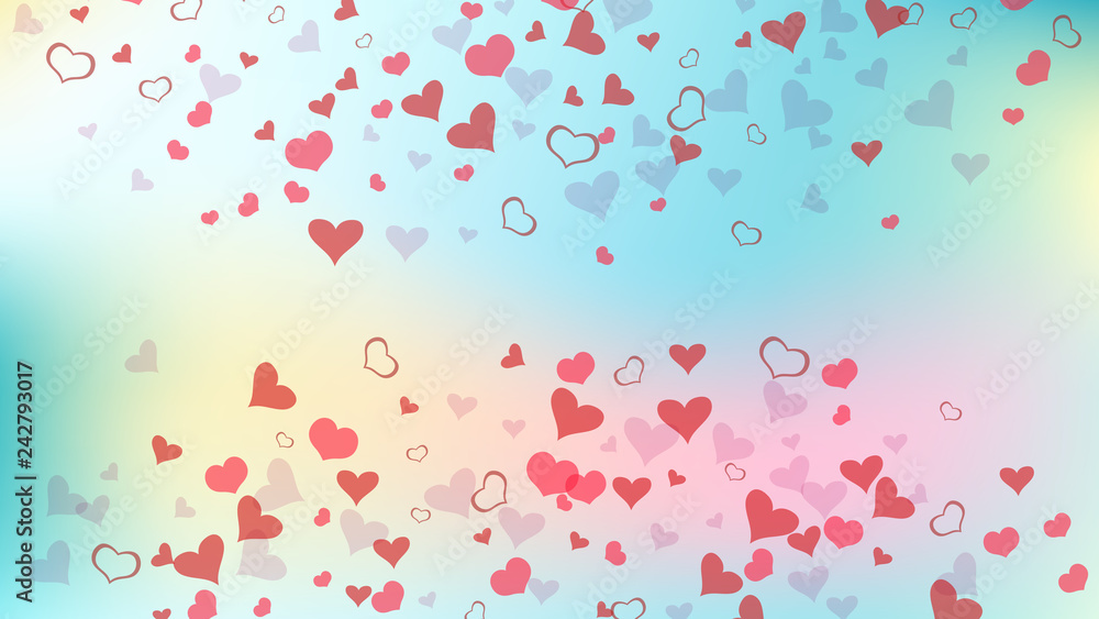 Part of the design of wallpaper, textiles, packaging, printing, holiday invitation for Valentine's Day. Red hearts of confetti are flying. Red on Gradient background Vector. Romantic background.