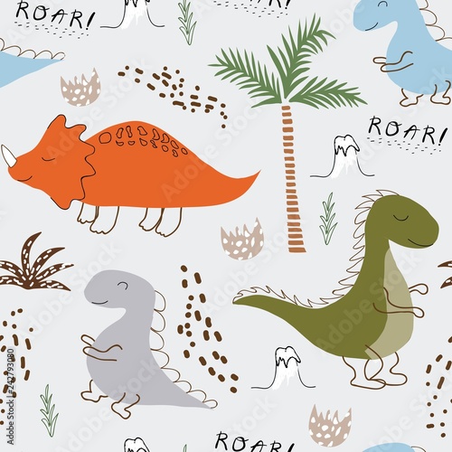 childish dinosaur seamless pattern for fashion clothes, fabric, t shirts. hand drawn vector with lettering.