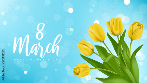 Beautiful banner for International Women's Day. Vector illustration with realistic yellow tulips flowers on blue background with effect bokeh. Greeting card for 8 March.