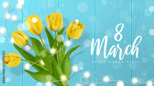 International Women's Day greeting card. Vector illustration with realistic yellow tulips flowers and glowing garland on wooden texture with effect bokeh. Greeting card for 8 March.
