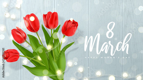 International Women's Day greeting banner. Vector illustration with realistic red tulips flowers and glowing garland on wooden texture with effect bokeh. Greeting card for 8 March.