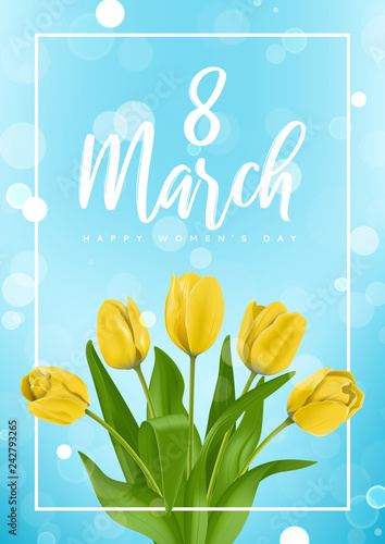 International Women's Day greeting poster. Vector illustration with realistic yellow tulips flowers on blue background with effect bokeh. Greeting card for 8 March.