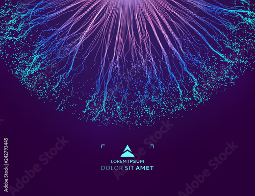 Point explode. Array with dynamic emitted particles. 3d technology style. Abstract background. Vector illustration.