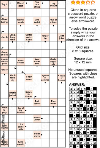 Clues-in-squares crossword puzzle, or arrow word puzzle, else arrowword, or scanword. Real size, answer included.
