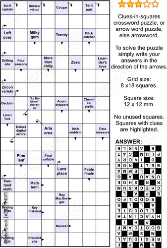 Clues-in-squares crossword puzzle, or arrow word puzzle, else arrowword, or scanword. Real size, answer included.
