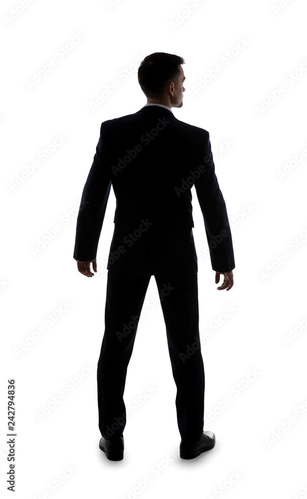Young businessman on white background, back view Young businessman on white background, back view