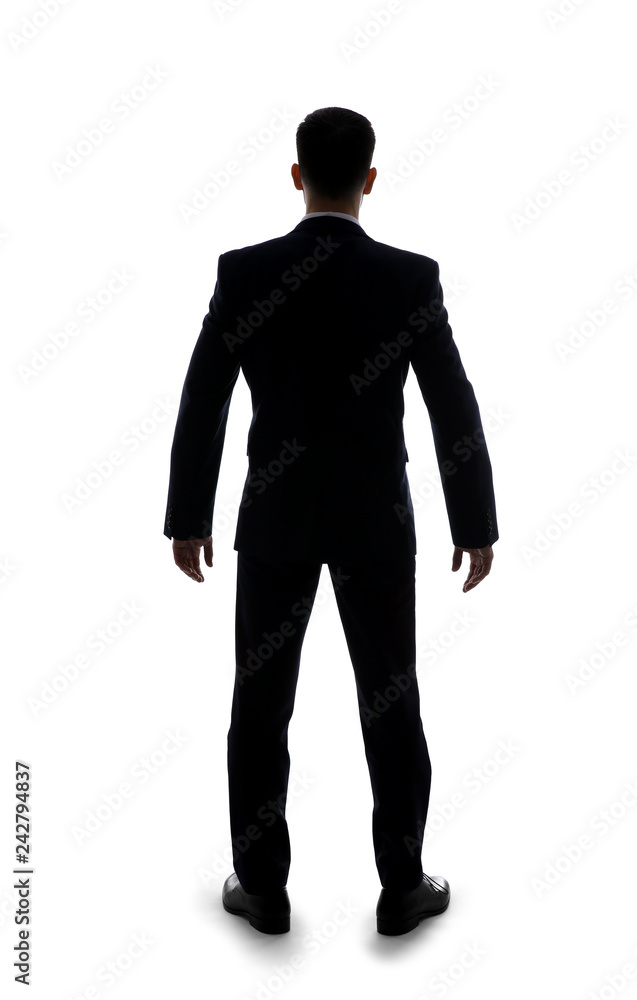 Young businessman on white background, back view