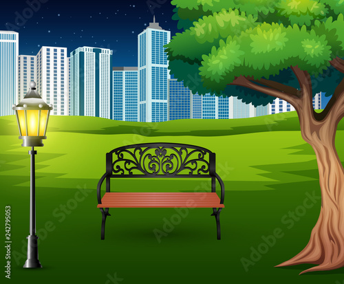 Cartoon of chairs in green park with town building background © dreamblack46