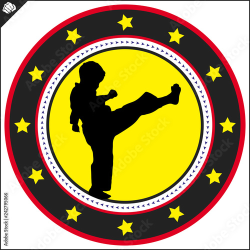 Karate kick high kick emblem. Martial art colored simbol design. Vector, EPS.