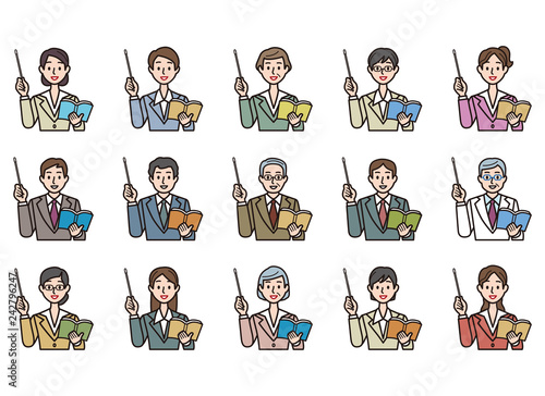 学校 教育  授業 案内 結果 解説 書類 説明 ビジネス スーツ 男性 女性 指差し 教師 教授 医者