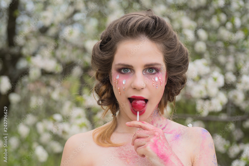 Express positivity. Springtime vacation. weather forecast. Woman with spring fashion makeup. face and skincare. womens health. allergy to flowers. Summer girl at blooming tree. Natural beauty and spa