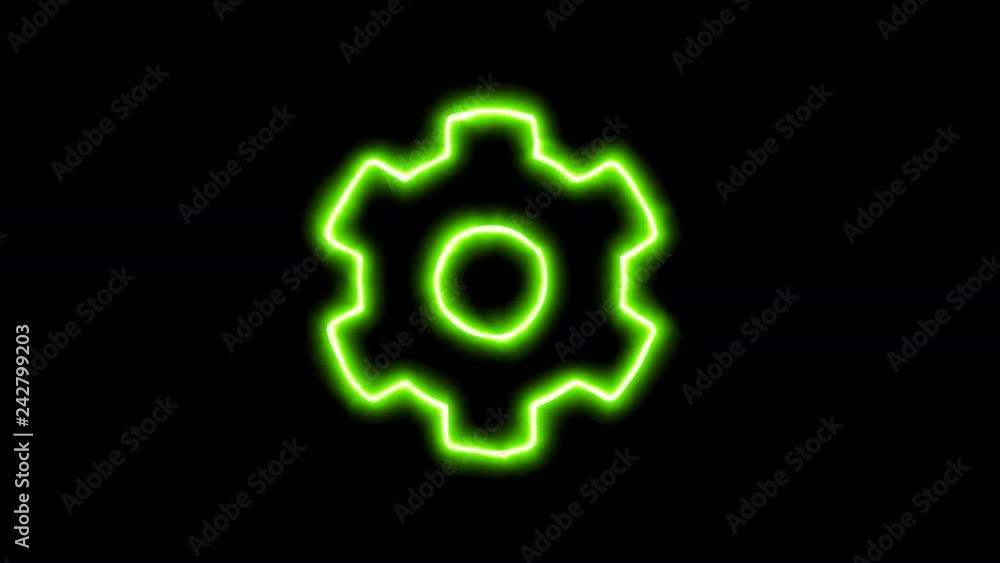 The appearance of the green neon symbol cog. Flicker, In - Out. Alpha channel Premultiplied - Matted with color black The appearance of the green neon symbol cog. Flicker, In - Out. Alpha channel Premultiplied - Matted with color black