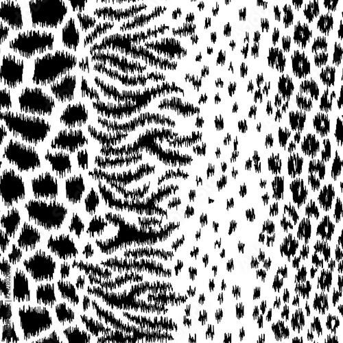 Black and white abstract animal print ikat vector seamless pattern featuring African animals skin