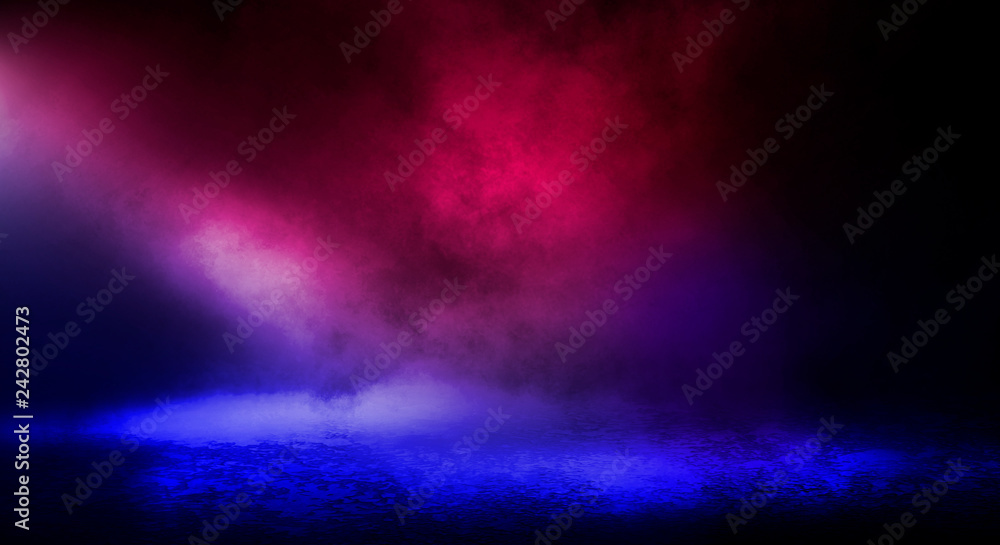 Dark background of the street, thick fog, spotlight, blue and red neon. Abstract background with neon lights, night view.