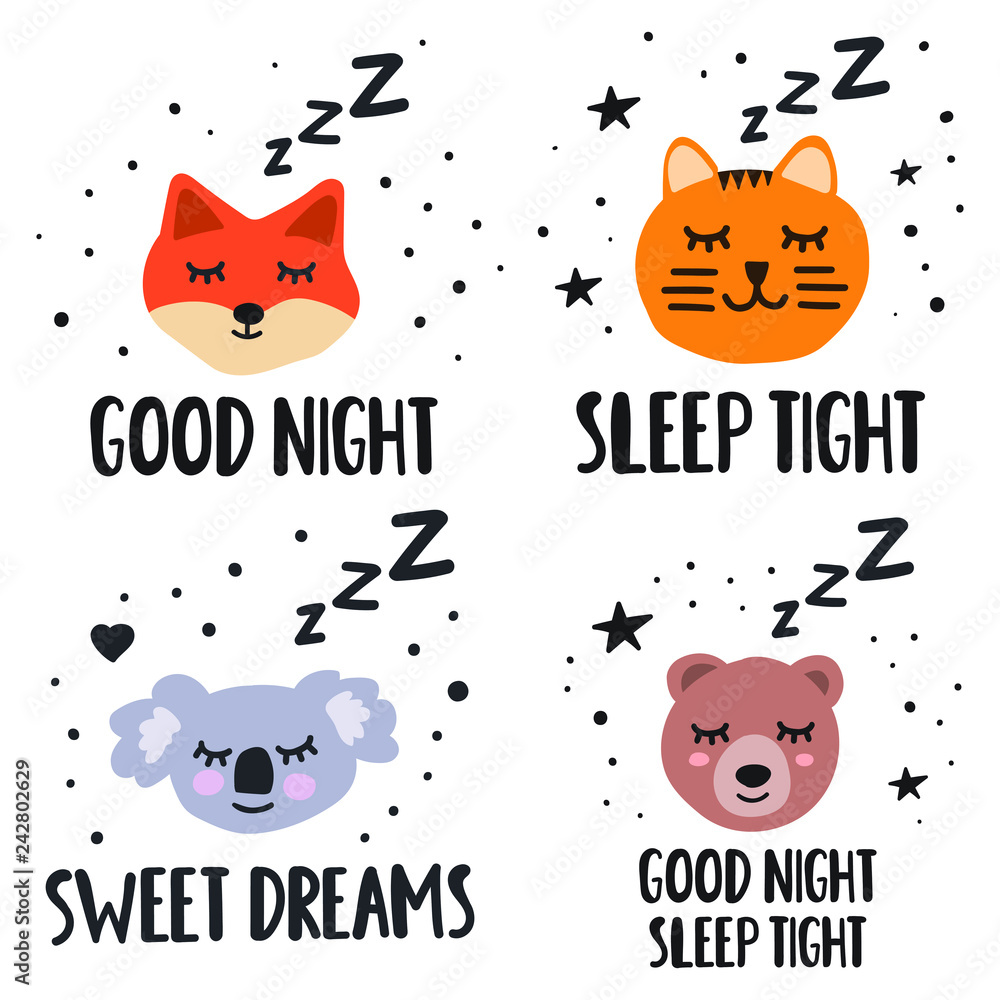 Set of sleeping cute animals. Good night concept. Hand drawn icon with  lettering. Vector illustration for greeting card, textile t shirt, print,  stickers, posters design. Stock Vector | Adobe Stock