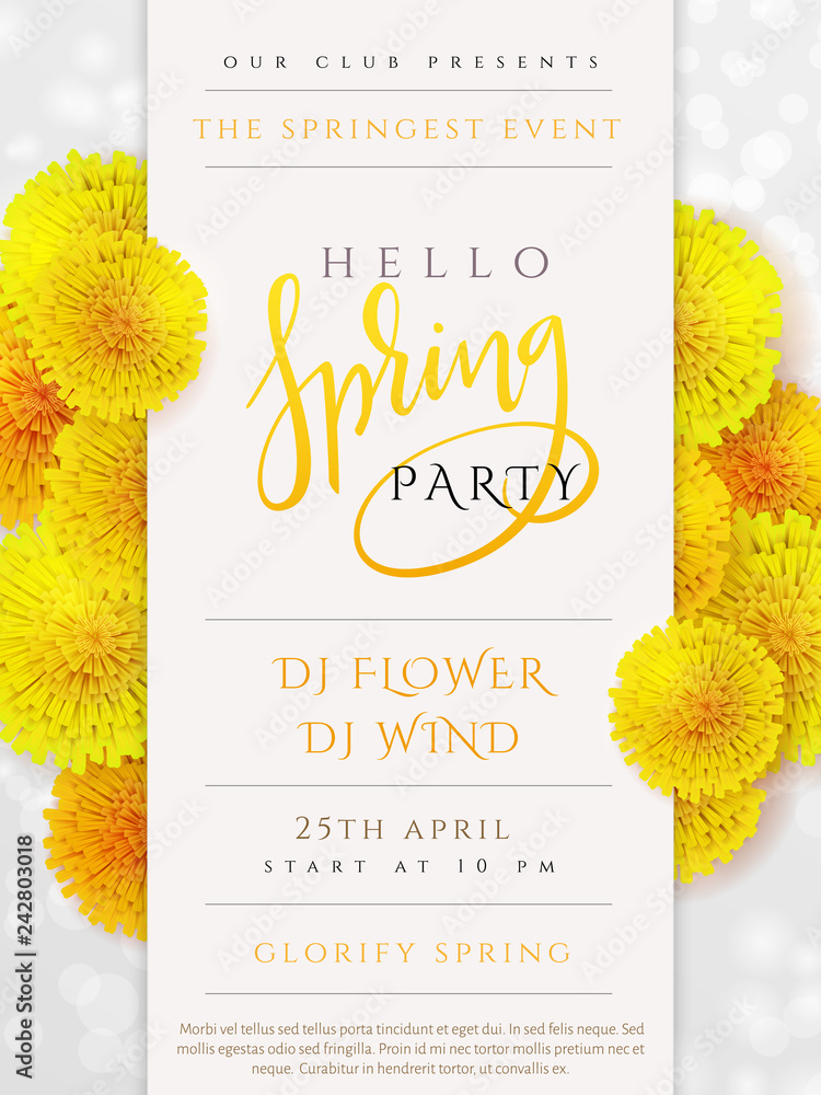 Fototapeta premium Vector spring party poster with lettering, lilac flowers and doodle branches