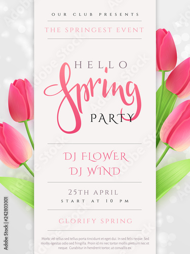 Vector illustration of spring party poster template with lettering label, tulip flowers and flares