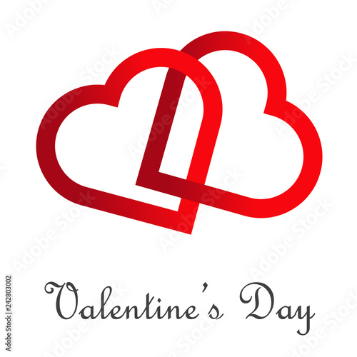 Logotipo abstracto con texto Valentine's Day con dos corazones lineales entrelazados en gradiente rojo