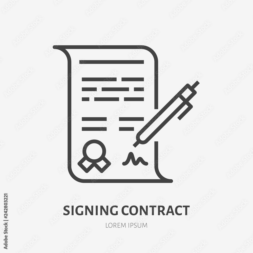 Signing contract flat line icon. Signature sign. Thin linear logo for financial services, document with pen vector illustration Signing contract flat line icon. Signature sign. Thin linear logo for financial services, document with pen vector illustration