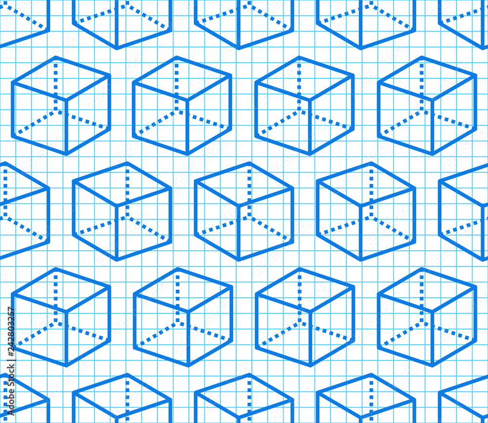 Geometric shapes seamless pattern with flat line icons of cube figure on blue grid notebook. Modern abstract background for geometry, math education vector illustration Geometric shapes seamless pattern with flat line icons of cube figure on blue grid notebook. Modern abstract background for geometry, math education vector illustration