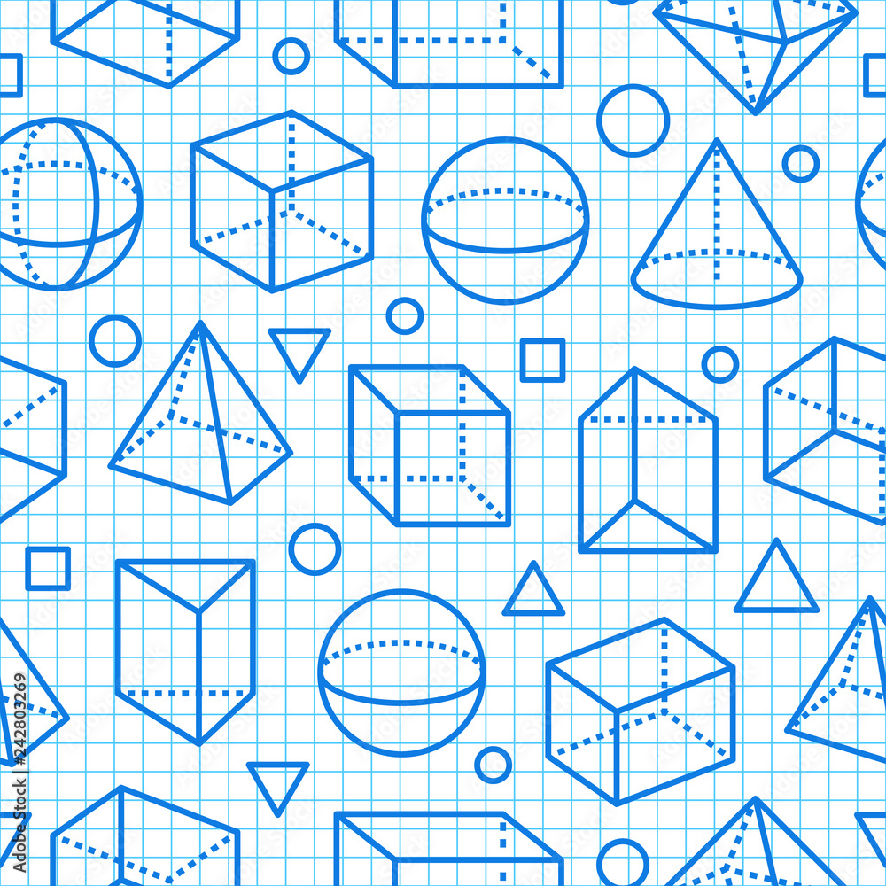 Geometric shapes seamless pattern flat line icons. Modern abstract background for geometry, math education. Mathematics figures on blue grid notebook - cube, sphere, cone, prism vector illustrations